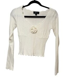BCX Womens White Cable Knit Rosette Sweetheart Lettuce Hem Top XS